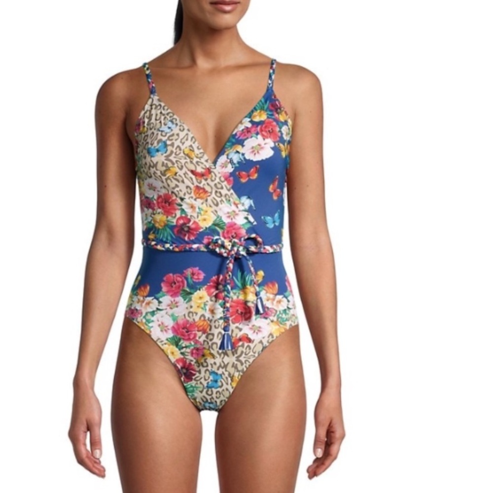 Johnny Was Fleur Blue Leopard Print One Piece Swimsuit